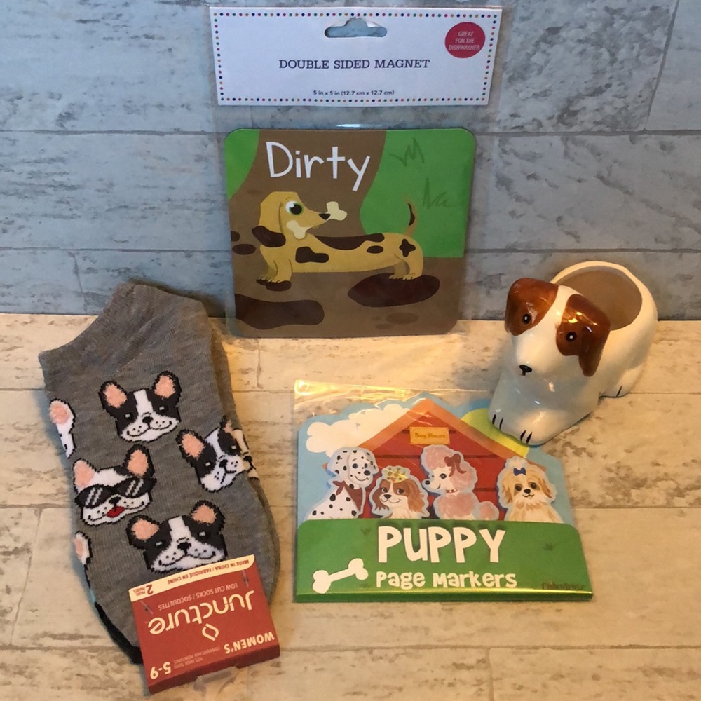 Dog Puppy Lover Planter Pot, Socks, Page Markers & Dishwasher Magnet Gift Set